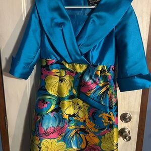 Lily &  Taylor Couture Size 10 Bright Teal Satin Dress with Floral Skirt